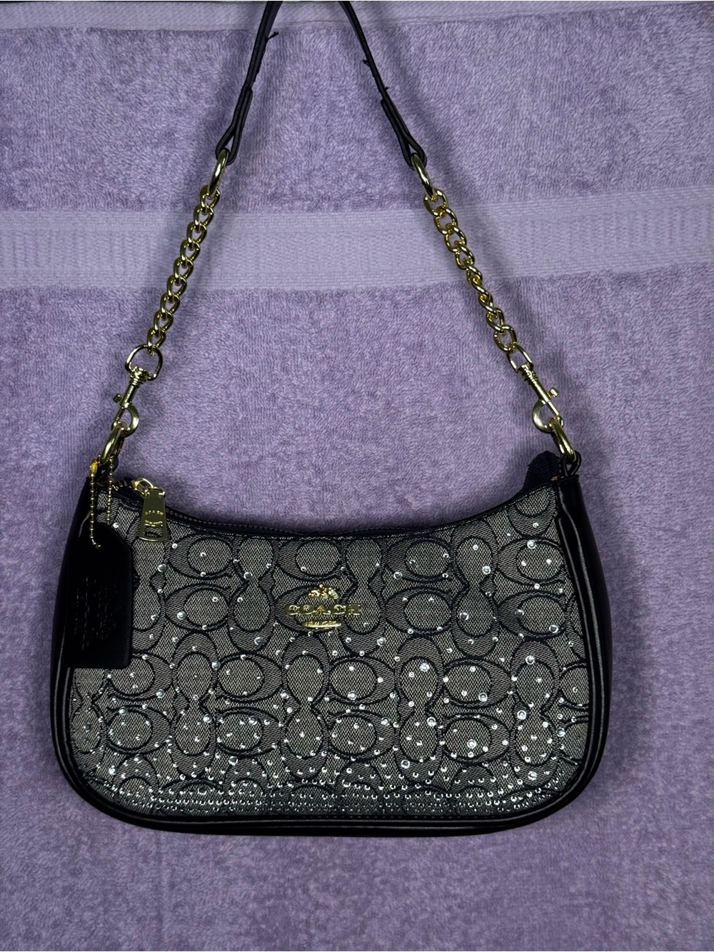 Coach Black Signature Chain Shoulder Bag with Crystal Accents
